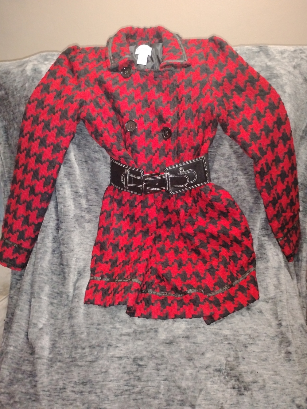 Candie's Red and Black Houndstooth Belted Pea Coat - Women's Size Medium